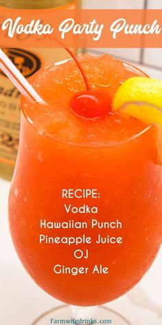 an orange cocktail with a cherry garnish on the rim and text that reads vodka party punch recipe hawaiian punch pineapple juice ginger ale