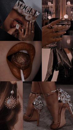 a collage of photos with high heel shoes and jewelry on them, including a woman's face