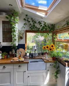 a kitchen with sunflowers on the window sill and plants growing in pots