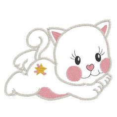 a white cat with pink and yellow stars on it's chest is laying down