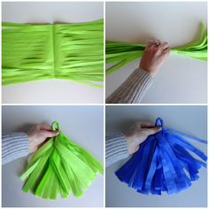 four pictures showing how to make tissue paper pom - poms with colored yarn