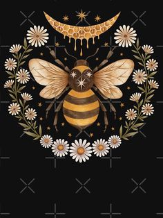 a painting of a bee surrounded by daisies with the word honey on it's chest