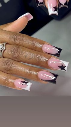 Black And Wait Nails, Holiday Square Acrylic Nails, Circle Nails Designs, Nails White Or Black, Gel Black And White Nails, Cute And Simple Birthday Nails, Almond Shape Gel X Nails, Ghana Nail Designs, French Nails With Small Design