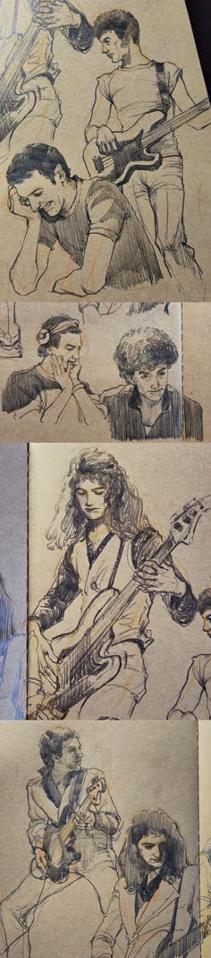 four drawings of people in different poses on paper