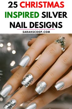 Silver Christmas Nail Designs, Lights Nails, Grey Christmas Nails, Silver Sparkle Nails, Christmas Party Nails, Nails Stars, Christmas Present Nails, Nail Designs Christmas, Metallic Nails Design