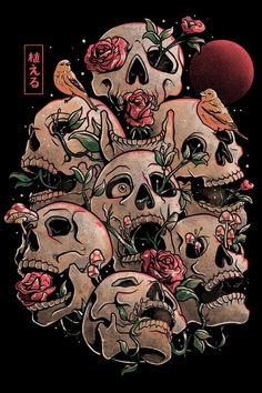 a bunch of skulls with roses and birds on their heads in front of a full moon