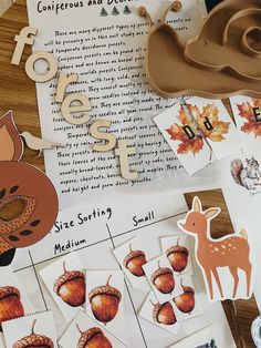 various fall and autumn themed items displayed on a table with leaves, acorns, and letters