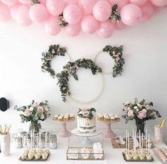 a table topped with lots of desserts and balloons