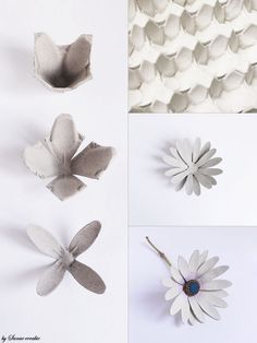 four different images of paper flowers and one is made out of egg cartons, the other has an origami flower