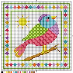 a cross stitch pattern with a colorful bird on a branch in front of the sun