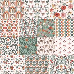 an assortment of different patterns and designs on fabric, including flowers, leaves, and squares