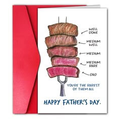 a father's day card with an illustration of meat on a fork and the words, happy father's day