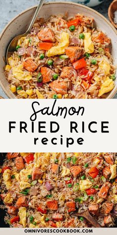 salmon fried rice recipe in a bowl with chopsticks on the side and title text overlay