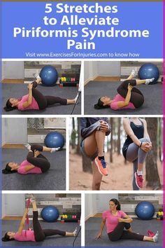 a woman doing exercises with an exercise ball on her back and the words 5 stretches to alleviate