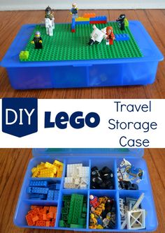 lego travel storage case with toy figures and toys in it on a wooden floor next to the text diy lego travel storage case