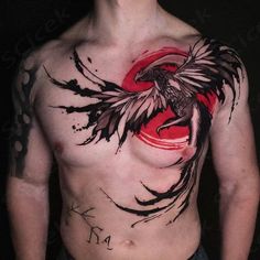 a man with a bird tattoo on his chest