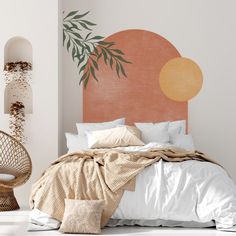 a bedroom with an orange headboard, white bedding and wicker chair next to it