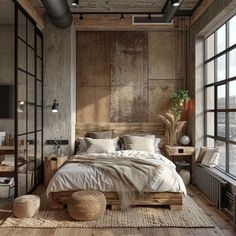 an industrial style bedroom with wooden walls and flooring, large windows on the side