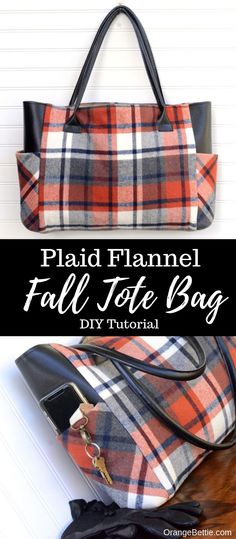 plaid flannel fall tote bag with text overlay