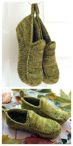 knitted green slippers hanging from a hook