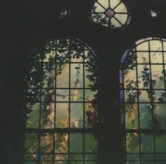 two stained glass windows with trees and sky in the backround, one is dark