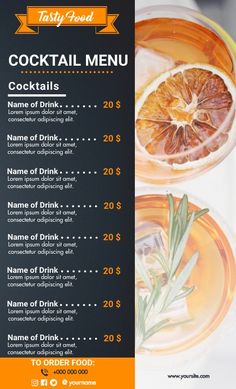 a menu for cocktails with orange slices and rosemary