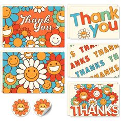 four thank you cards with flowers and smiley faces