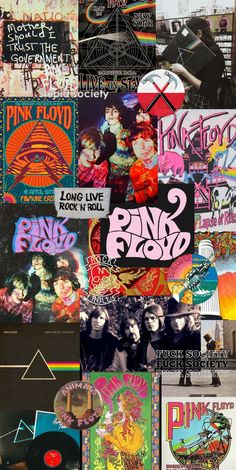 a collage of posters and stickers on the side of a building in pink floyd's studio