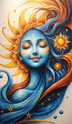 a painting of a woman's face with sun and stars on it