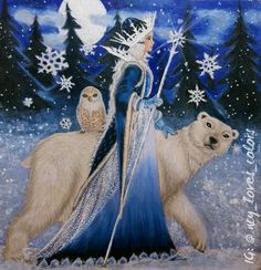 a painting of a woman with an owl and polar bear on the snow covered ground