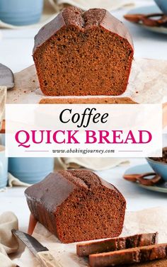 a close up of a loaf of coffee quick bread on a table with other food items