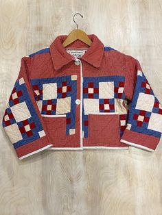 Made from an antique american quilt this one of a kind chore jacket is made from a red white and blue nine patch quilt lined with a floral size small 20” pit to pit Quilted Clothes, Nine Patch Quilt, American Quilt, Chore Jacket, Nine Patch, Quilted Jacket, Sewing Hacks