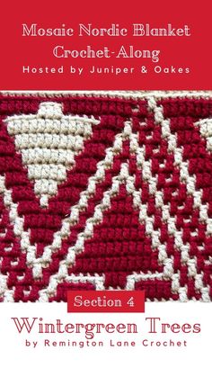 a red and white crochet afghan with the words wintergreen trees written on it