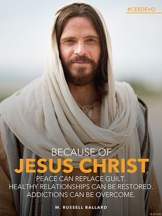 a man with long hair wearing a scarf and standing in front of the camera text reads because of jesus christ peace can replace guilt, healthy relationss can be