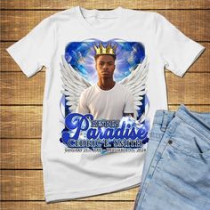 "Visit our website (www.wilsondesigngrp.com) Honor the memory of a loved one with our custom Rest in Paradise Angel in Blue Memorial T-Shirts and Hoodies. These shirts are perfect for funerals, memorial services, or as a thoughtful gift for those grieving the loss of a loved one. The design features a beautiful angel in shades of blue, surrounded by the words \"Rest in Paradise\" in elegant script. Our shirts are made with high-quality materials and are available in a variety of sizes and styles Memorial Shirt Designs, Memorial T Shirts Ideas Design, White Graphic Print T-shirt For Memorial, Rip Tshirt Ideas, Rest In Peace Shirts Ideas, Rip Shirts Ideas, Rip Shirts, Memorial Shirts, Memorial Services