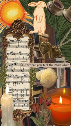 a collage with an image of a candle, flowers and music notes on it