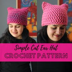 a woman wearing a pink crochet cat hat with the words, simple cat ear hat