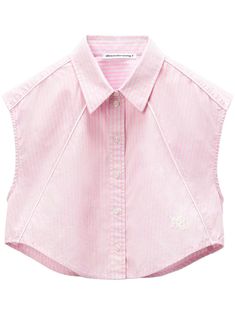 light pink cotton poplin texture pinstripe pattern classic collar front button fastening sleeveless curved hem cropped Sleeveless Button Up Shirt, Pinstripe Pattern, Vacation Wardrobe, Poplin Top, Mother Denim, Denim Design, 가을 패션, T By Alexander Wang, Frame Denim