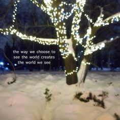 a tree that has some lights on it in the snow with a quote written below