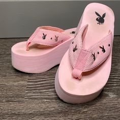 Vintage Sandals, Smoke Free Home, In Very Good Condition For Their Age, Size 6, Platform Height Shown In Pics, Metal Bunnies And Studs, 2000s Platform Sandals, Logo Flip Flops, Bunny Logo, Vintage Sandals, Boys Sandals, Rhinestone Sandals, Pink Sandals, Girly Shoes, Thong Sandals