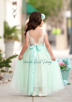 AQUA SLEEVELESS TULLE & FEATHERED LACE FLOWER GIRL DRESS - Hannahrosevintageboutique.com Lavender Flower Girl Dress, Full Length Tulle Skirt, Vintage Flower Girls, Baptism Dresses, Rustic Flower Girl, Flower Girl Dresses Vintage, Mint Flower, Rustic Flower Girl Dress, Sleeveless Flower Girl Dresses