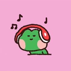 a cartoon character with headphones and music notes above his ear, on a pink background