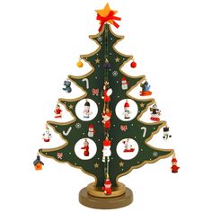 a wooden christmas tree with ornaments on it