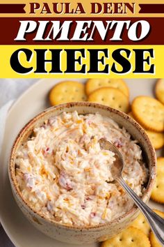 a bowl of dip with crackers on the side and text overlay that reads, paula den pimentoo cheese