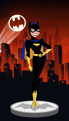 the animated batgirl is standing on a pedestal in front of a cityscape