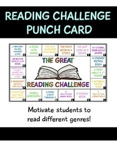 the great reading challenge with an open book and words on it, reading challenge punch card