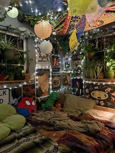 a bed room with lots of plants and lights