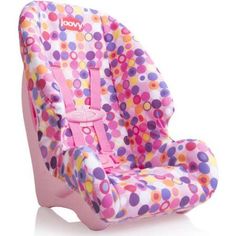 a child's car seat that is pink and purple with multicolored polka dots