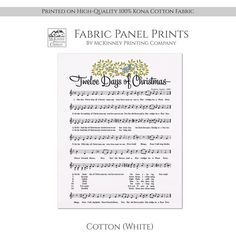 fabric panel prints with music notes and christmas carols on the front, in white