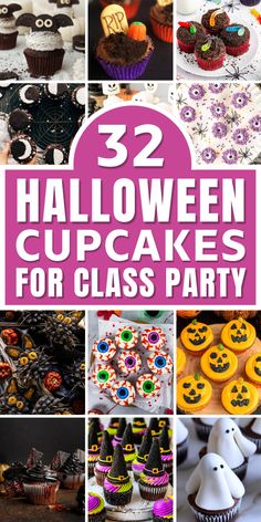 halloween cupcakes for class party with text overlay that reads 32 halloween cupcakes for class party